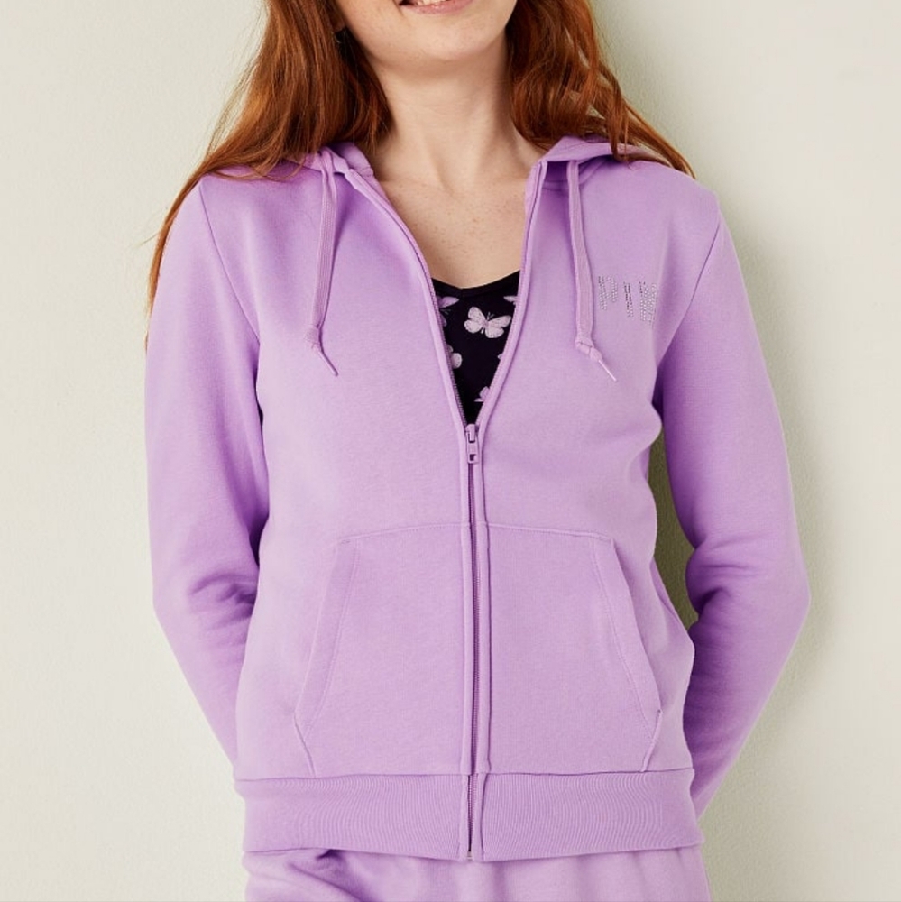 Victoria's Secret PINK VS PINK Purple Rhinestone Zip Up Fleece Hoodie L NWT